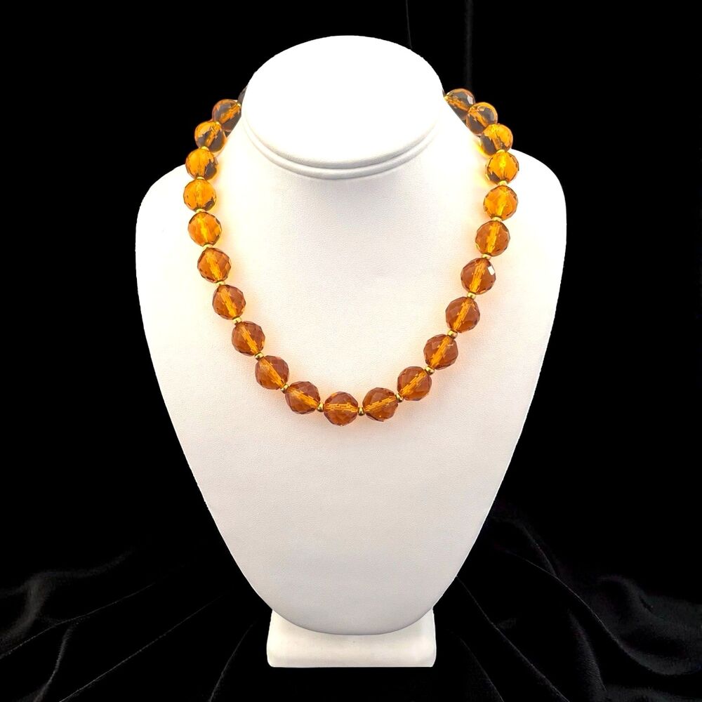Vintage 1990s Joan Rivers Faceted Czech Glass Bead Necklace Amber NOS - 11A
